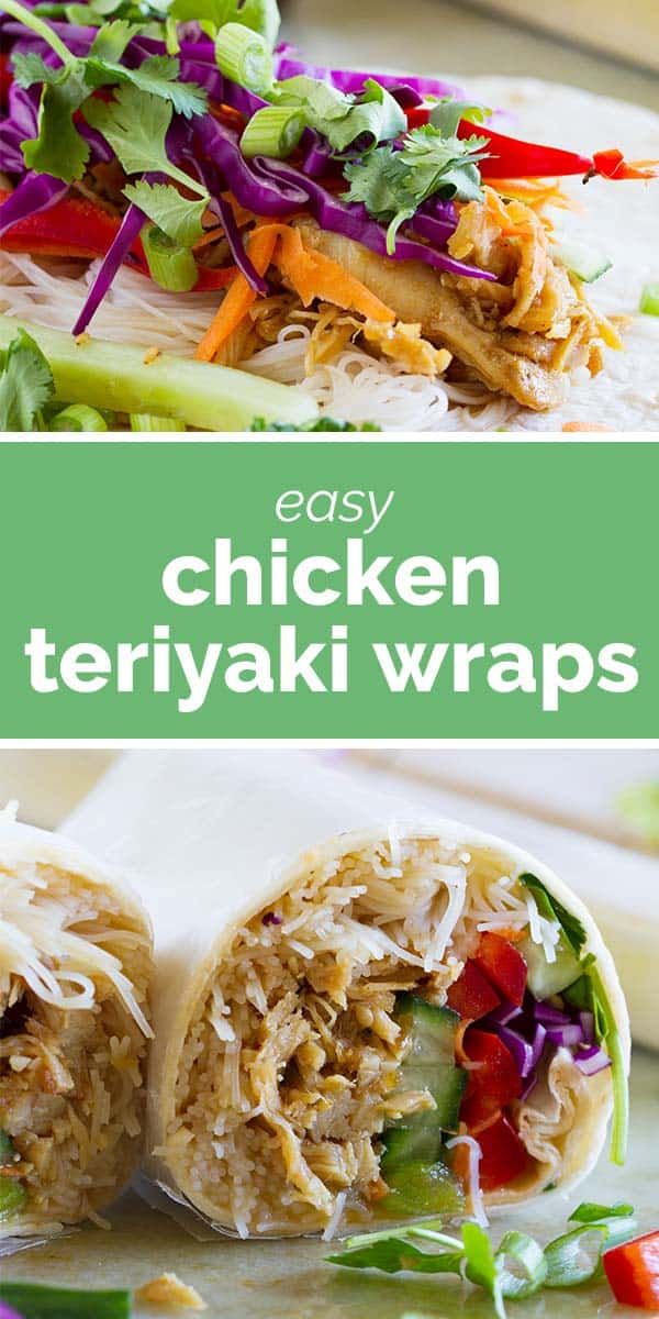 chicken teriyaki wraps with vegetables on top and in the background, there is a green wrapper that has been cut open