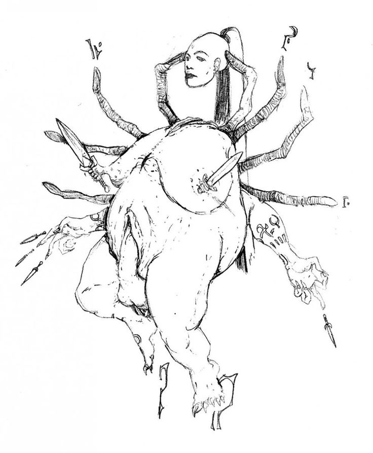 a drawing of a person riding on the back of a horse with many arms and legs