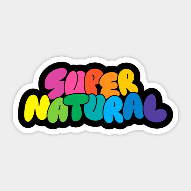 a sticker that says super natural in multicolored letters on a white background