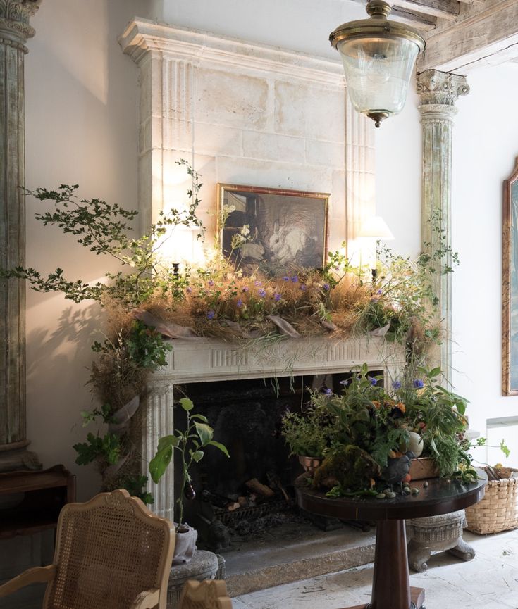 a living room with a fire place and potted plants on the fireplace mantel