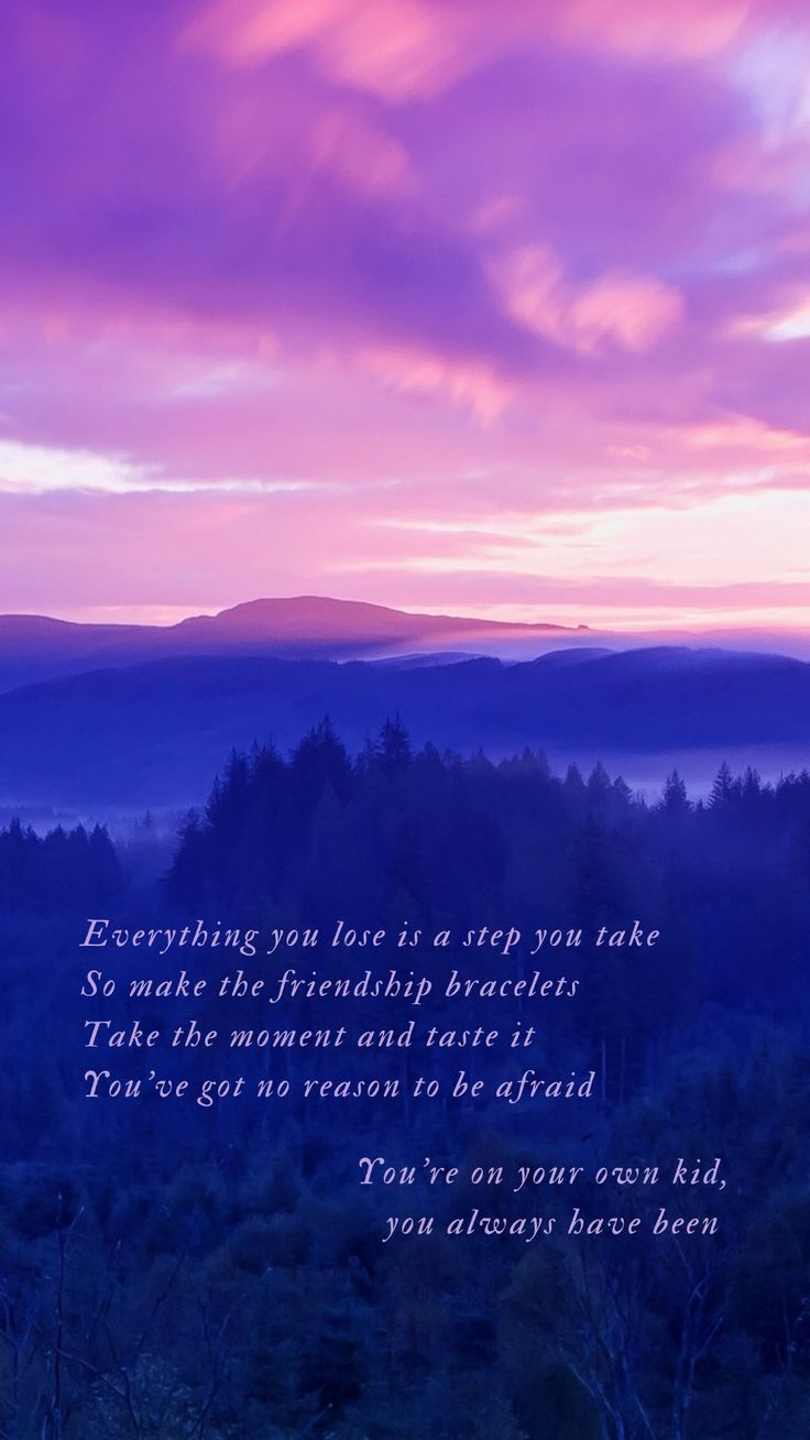 a purple sky with trees and mountains in the background at sunset or sunrise, there is a poem written on it