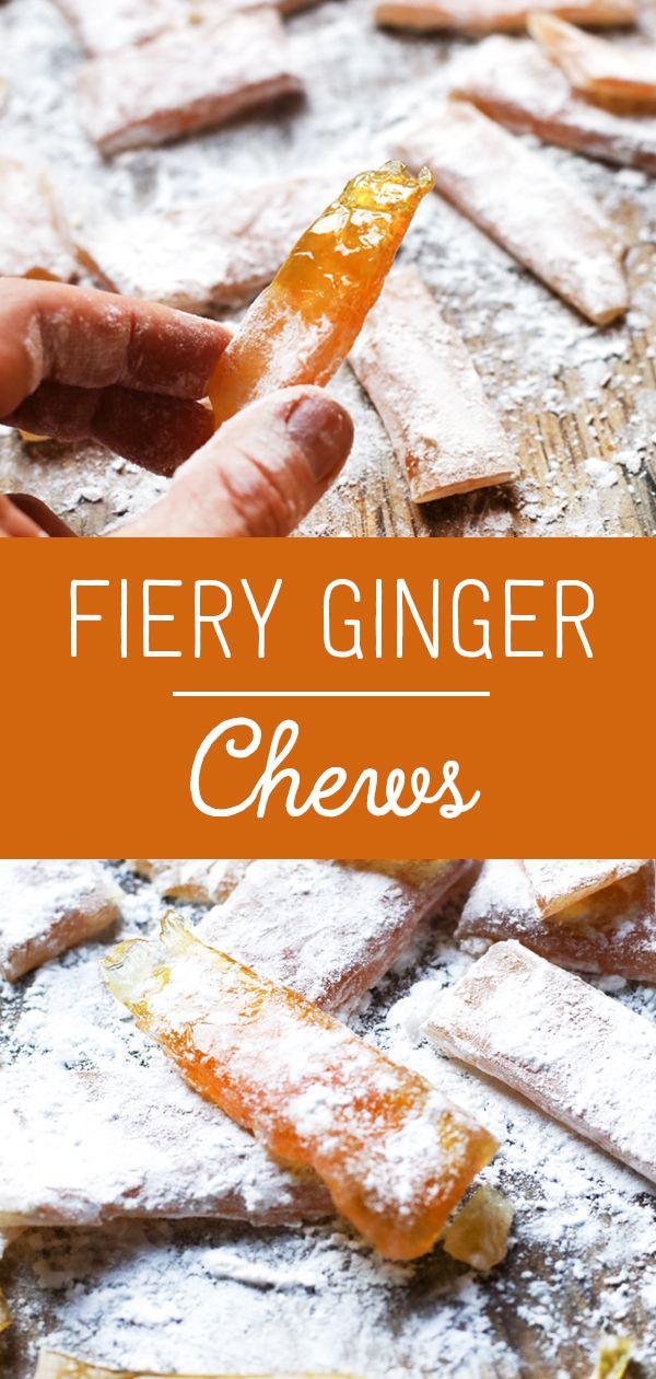 a close up of food on a table with the words fiery ginger chews above it