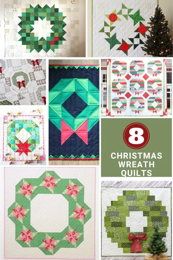 eight christmas quilts with the words 8 christmas wreath quilts written in red and green