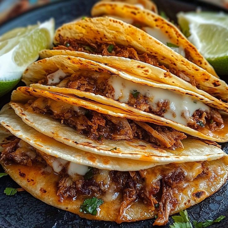 some tacos are stacked on top of each other