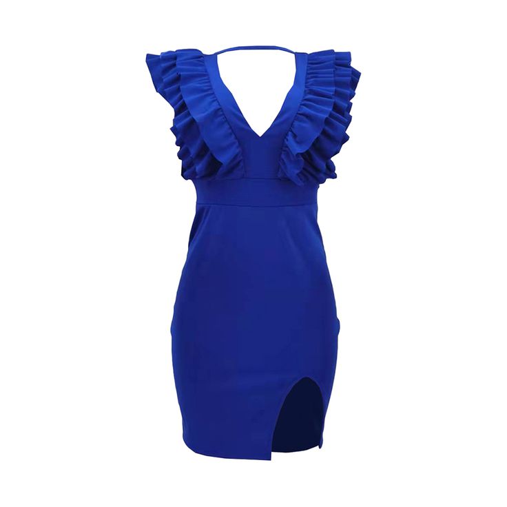 Blue Ruffle V Neckline Split Bodycon Dress Elegant Blue V-neck Ruffle Dress, Blue Ruffle Dress For Party, Blue Fitted Ruffle Dress For Party, Fitted Blue Ruffle Dress For Party, Chic Blue Ruffle Dress For Party, Blue Sleeveless Ruffle Dress For Party, Blue Ruffled Bodycon Dress For Summer, Spring Blue Bodycon Dress With Ruffles, Blue Bodycon Dress With Ruffles For Spring