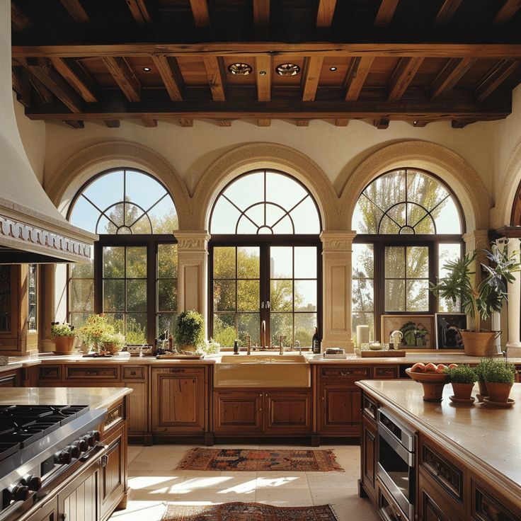 a large kitchen with lots of windows and wooden cabinets