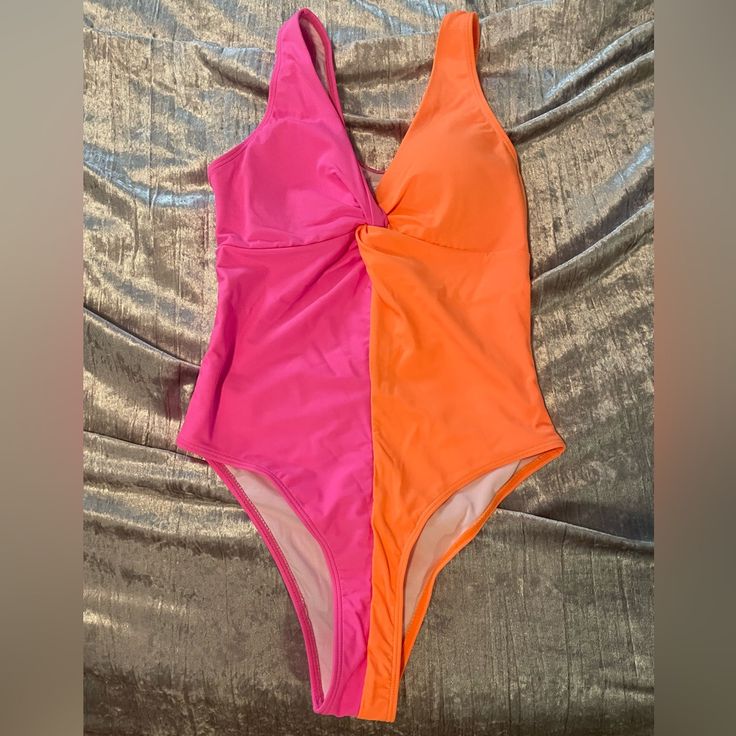 Brand New Pink Lily Swimsuit. Bright Orange And Pink. Pink One-piece Swimwear For Party, Pink Lined Body Swimwear, Summer Pink Color Block Bodysuit, Pink One-piece Bodysuit For Poolside, Pink Stretch Bodysuit For Poolside, Pink Lined Bodysuit For Swimming, Trendy Pink One-piece Swimwear, Pink Sleeveless Bodysuit For Swimming, Pink Sleeveless Bodysuit For Beachwear