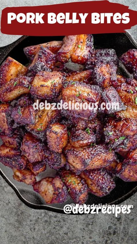 pork belly bites in a frying pan with the words pork belly bites above it