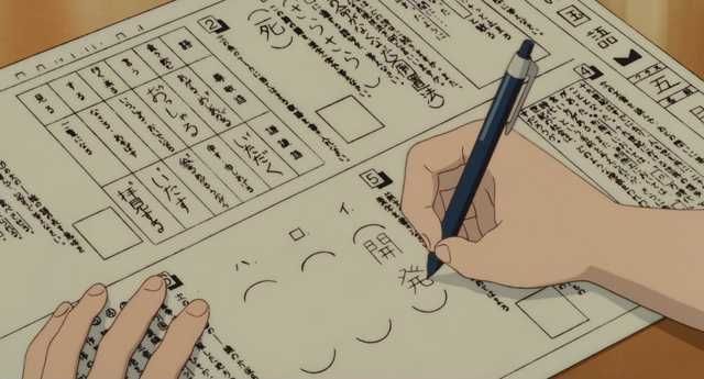 two hands are writing on a piece of paper with chinese characters and symbols in the background