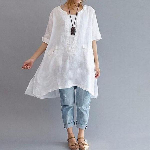 Casual White Solid Color Shirt, Casual V-neck Blouse With Pockets, Casual Summer Blouse For Gatherings, Casual Summer Blouse For Casual Gatherings, Casual Crew Neck Shirt For Day Out, Casual Half-sleeve Tops For Day Out, Casual Half Sleeve Blouse, Casual Spring Blouse, Casual Oversized Blouse With Pockets