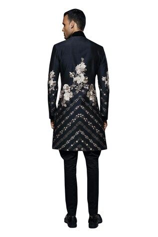 Black long sherwani with all over floral garden embroidery in monochrome tones. - Aza Fashions Fitted Floral Print Sherwani For Festive Occasions, Festive Floral Print Bandhgala For Wedding, Floral Print Sherwani For Wedding And Eid, Festive Floral Print Wedding Sherwani, Black Floral Embroidered Sherwani For Wedding, Fitted Black Sherwani With Floral Embroidery, Garden Embroidery, Sherwani For Men, Rohit Bal