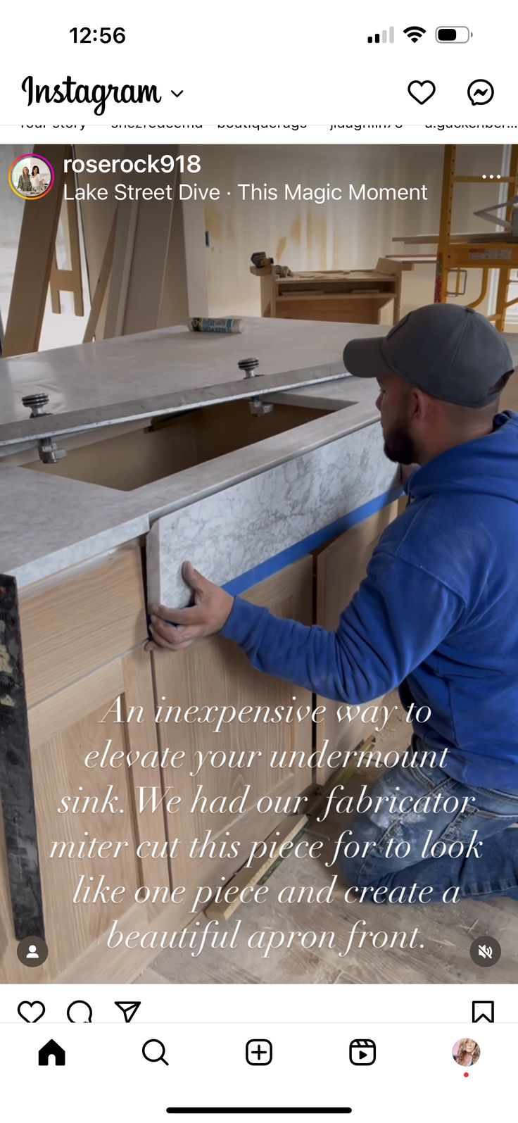 a man fixing a sink in a kitchen with an instagramtion message above it