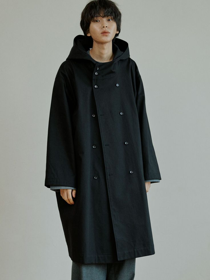 Editor's NotesThis trench coat features double breasted, big hood, oversized fit, dropped shoulder. It can be styled in various ways. For unisex.- Double breasted- Big hood detail- Oversized fit- Dropped shoudlerMeasurements(in.)1 / 2 - Shoulder: 22.05 in. / 24.02 in.- Chest: 27.56 in. / 29.13 in.- Sleeve: 20.87 in. / 22.83 in.- Total length: 41.34 in. / 43.31 in.Model info: MAN - 6' 1'' Fitting size 2 / WOMAN - 5' 6'' Fitting size 2Composition & Care- 100% Polyurethane- Please check th Oversized Cotton Parka Long Coat, Oversized Long Coat Parka, Oversized Long Parka, Oversized Long Parka Coat, Oversized Techwear Outerwear With Adjustable Hood, Oversized Solid Color Long Parka, Oversized Black Double-breasted Pea Coat, Black Oversized Hooded Jacket With Detachable Hood, Oversized Black Hooded Jacket With Detachable Hood