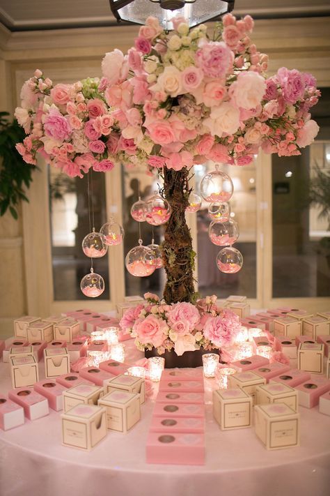 the table is decorated with pink and white flowers