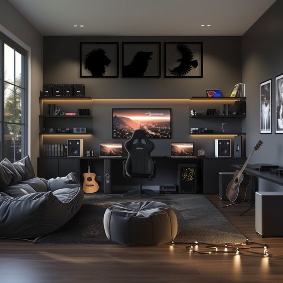 a living room filled with lots of furniture next to a wall mounted tv and guitar