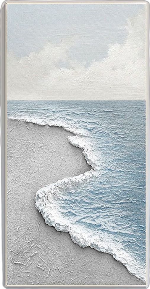 an ocean scene with waves coming in from the sand and white foam on the water