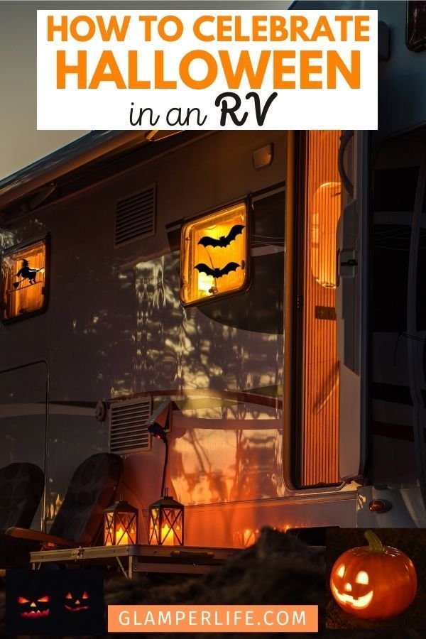 an rv decorated for halloween with pumpkins and jack - o'- lantern lights