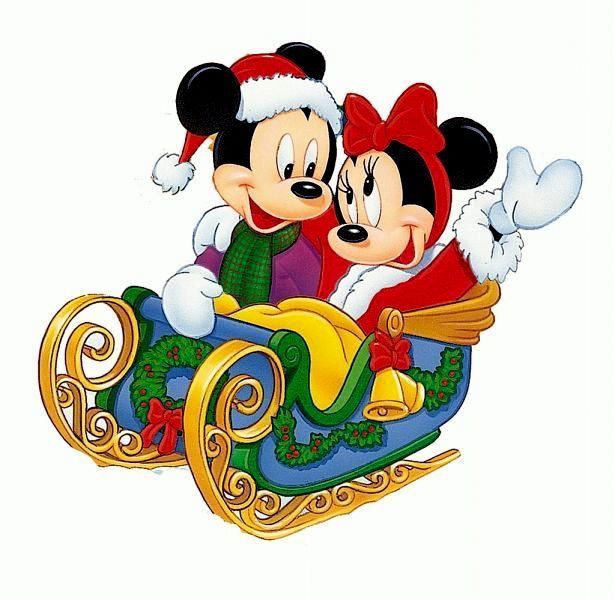 two mickey and minnie mouses in a sleigh with christmas decorations on it