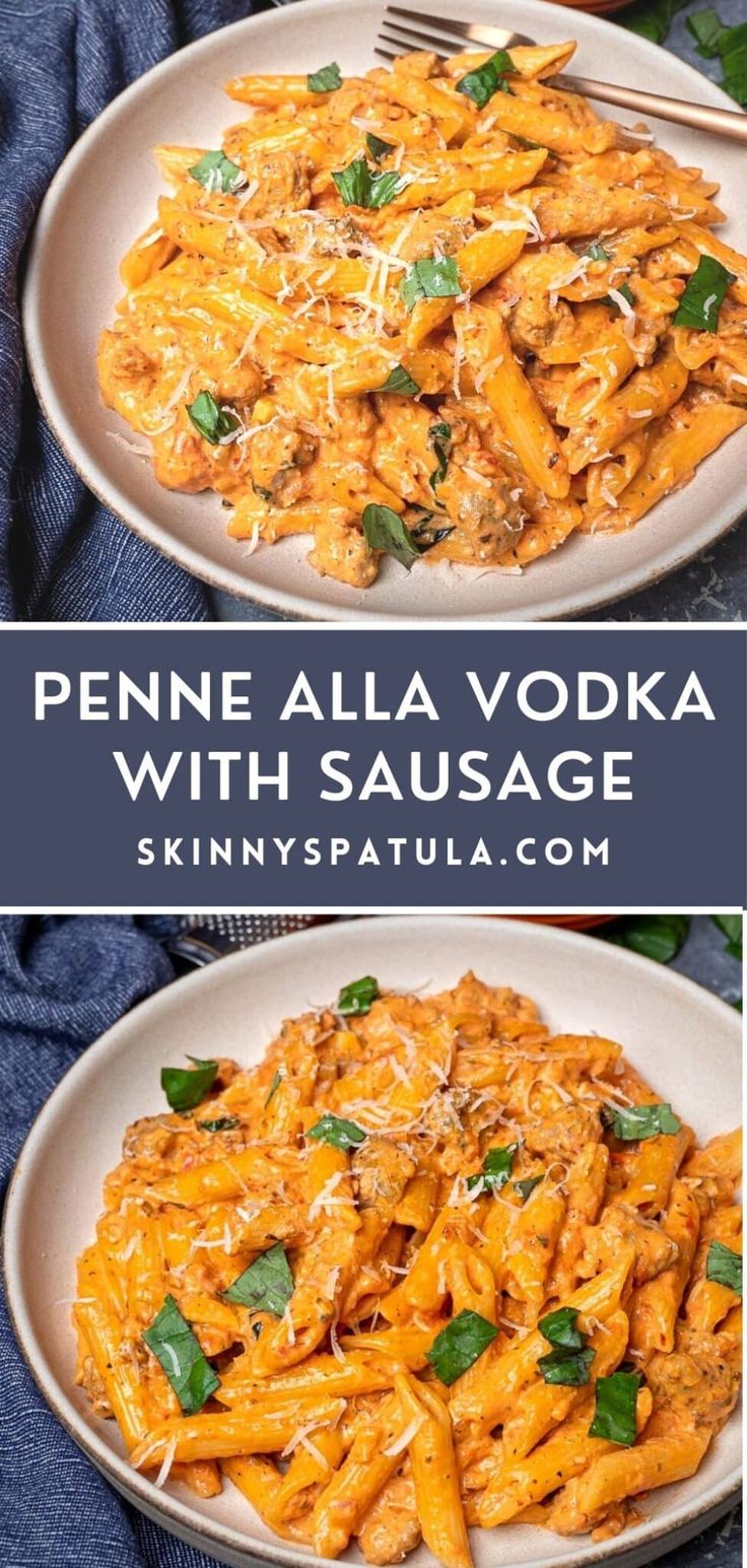 penne alla vodka with sausage and parmesan cheese in a white bowl on a blue cloth