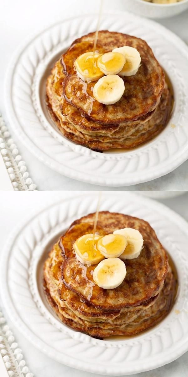 pancakes with bananas and syrup on them are shown in three different pictures, one is topped with butter and the other has sliced bananas