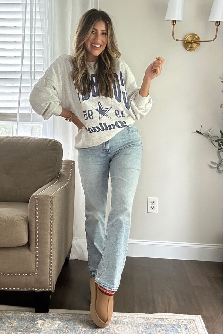 NFL crewneck sweatshirt. Wearing a small and TTS in jeans. Follow my shop @laurenhornstyle on the @shop.LTK app to shop this post and get my exclusive app-only content! #liketkit #LTKsalealert #LTKGiftGuide #LTKstyletip @shop.ltk https://liketk.it/4jaQW Dallas Cowboys Game Day Outfit Winter, Nfl Outfit Ideas Woman Winter, Nfl Game Outfit Woman, Dallas Cowboys Outfits Woman, Cowboys Game Day Outfit, Dallas Cowboys Game Day Outfit, Nfl Game Day Outfit Woman, Nfl Game Day Outfit, Cowboys Outfits