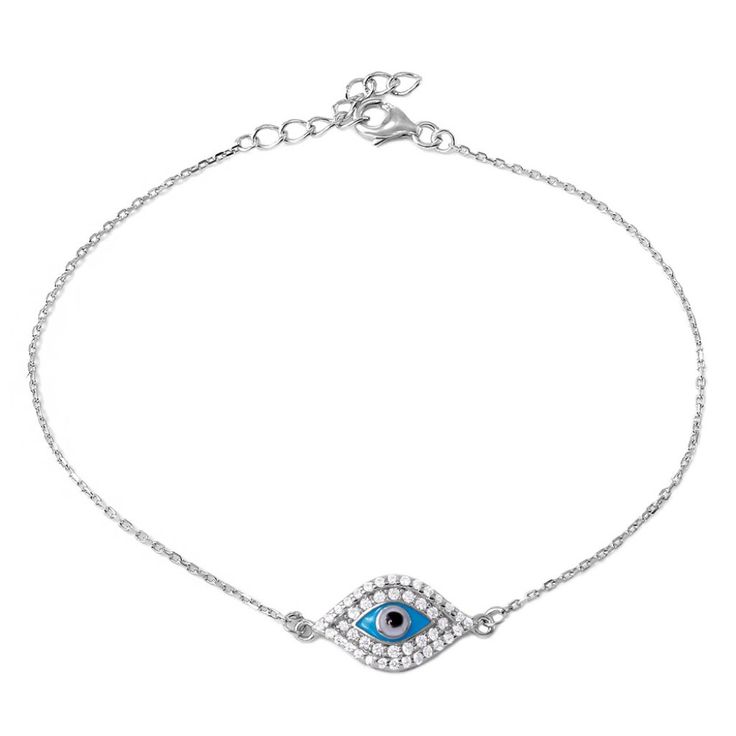 Silver 925 Rhodium Plated Cz Evil Eye Chain Bracelet Measurement: Eye: 9mm X 20mm / Length: 7-8 Inches Adjustable Finish: Rhodium Plated Stone Count: Cubic Zirconia Stones Weight: 2.0 Grams Sterling Silver Bracelet With Sparkling Stones In Diamond White, Silver Diamond Evil Eye Jewelry, Elegant Silver Bracelets With Diamond Eyes, Elegant Silver Sterling Evil Eye Bracelet, Elegant Silver Sterling Silver Evil Eye Bracelet, Silver Evil Eye Bracelet With Cubic Zirconia, Silver Cubic Zirconia Evil Eye Bracelet Gift, Elegant Silver Evil Eye Jewelry, Elegant Silver Evil Eye Bracelet