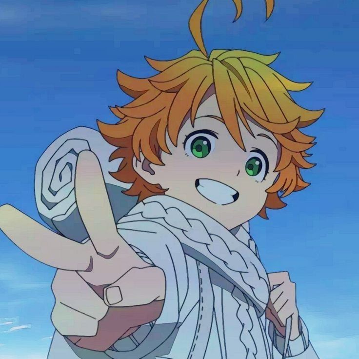 an anime character with blonde hair and green eyes pointing to the sky while wearing a scarf