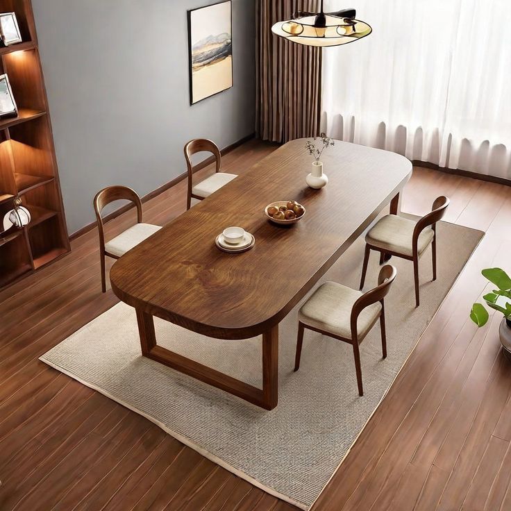 a dining room table and chairs in front of a window