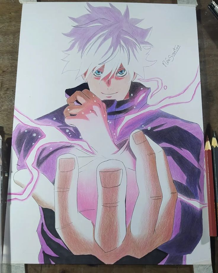 a drawing of an anime character with purple hair and blue eyes holding his hands together