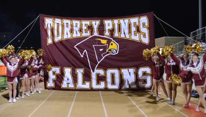 a group of cheerleaders standing in front of a maroon and gold banner with the words torrey pines on it