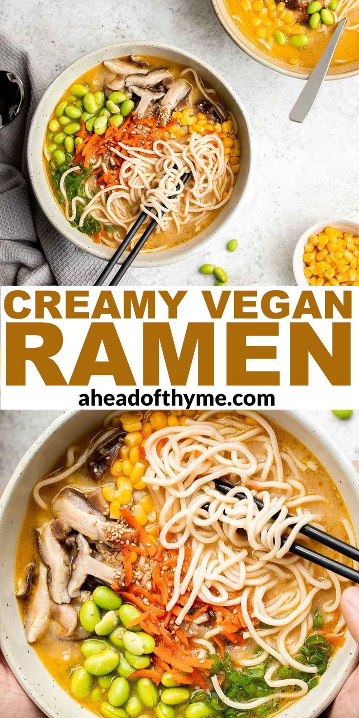 this creamy vegan ramen is loaded with vegetables, noodles and carrots it's ready to be eaten