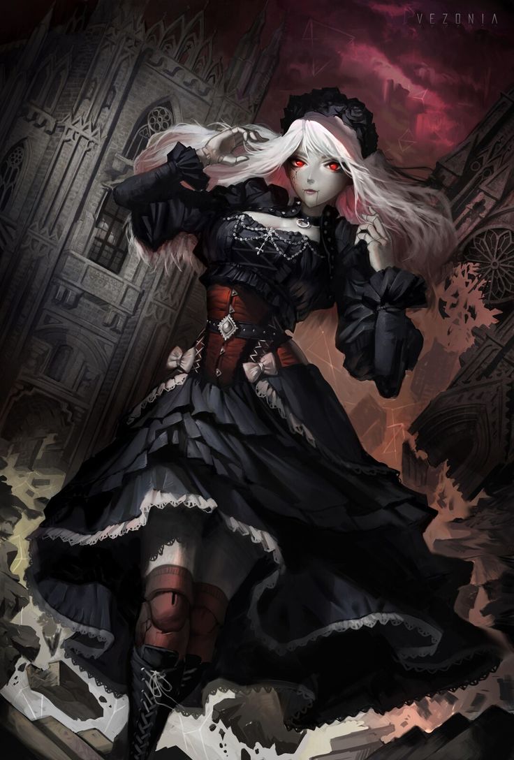 a woman with white hair and black dress standing in front of a red sky,