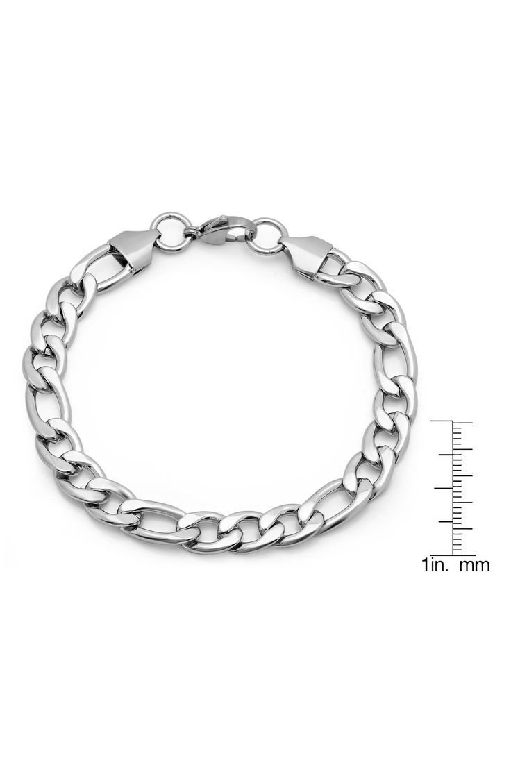 A stainless steel chain bracelet with a lobster clasp closure can be worn as a standalone or layering piece. Lobster clasp closure Stainless steel Imported Stainless Steel Curb Chain Jewelry, Stainless Steel Link Bracelet With Curb Chain, Metal Cuban Link Bracelet With Oval Links, Stainless Steel Curb Chain Link Bracelets, Modern Stainless Steel Jewelry With Curb Chain, Stainless Steel Curb Chain Bracelet, Modern Stainless Steel Curb Chain Jewelry, Metal Link Bracelets With Curb Chain, Nickel-free Metal Chain Link Bracelet