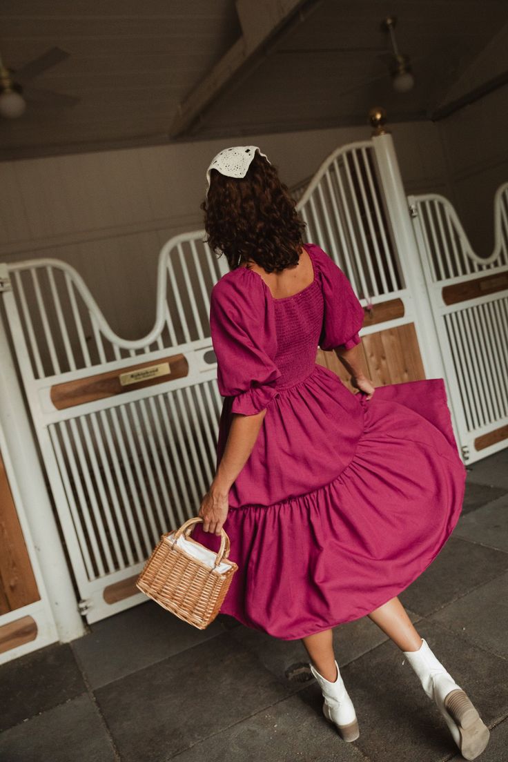 Our best-selling Lani Dress is BACK! She's a playful and versatile addition to any wardrobe. This modest women's dress features a beautiful berry-colored 100% cotton fabric and a square neckline, along with 3/4 length balloon sleeves and a midi-length skirt. The pull-over style with a smocked bodice makes it easy to wear and breastfeeding and maternity-friendly. And with its fully lined design, you'll feel comfortable and confident all day (and all year) long! Thanksgiving Dress, Girls Holiday Dresses, City Woman, White Dress Party, Holiday Party Dresses, Midi Length Skirts, Tier Skirt, Everyday Dresses, Girls Rompers