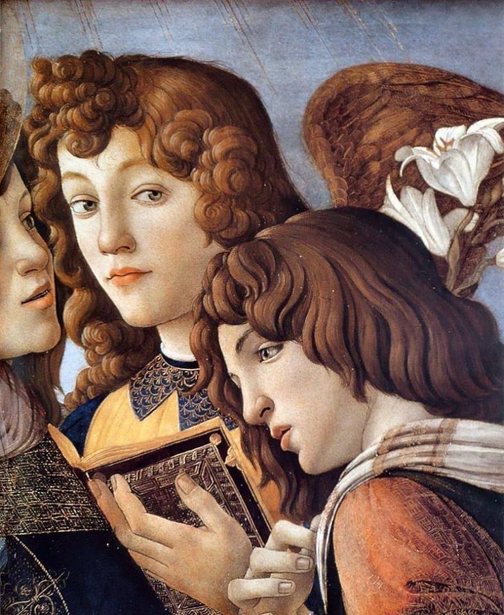 the painting depicts three young men, one holding an open book