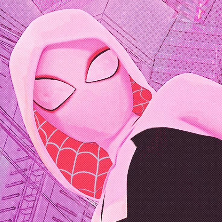 a spider - man is standing in front of a pink background with buildings and skyscrapers