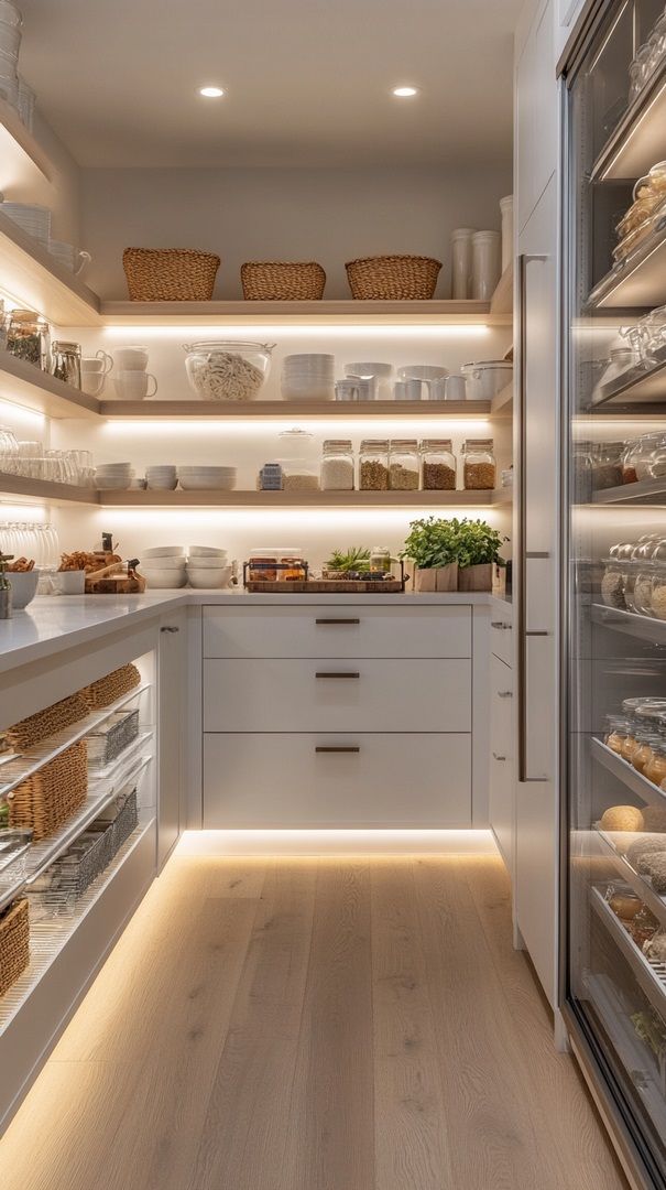 a kitchen filled with lots of white shelves and cupboards covered in food items on top of wooden flooring