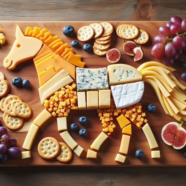 a horse shaped cheese board with grapes, crackers and figurines on it