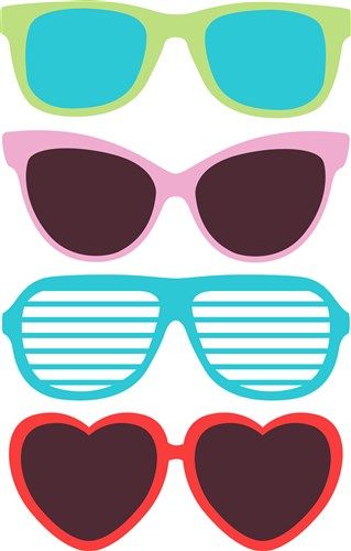 three pairs of sunglasses with hearts on the sides and one pair in pink, green, blue