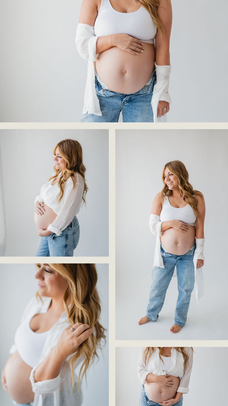 a pregnant woman poses for her newborn photos in the studio, and shows off her belly