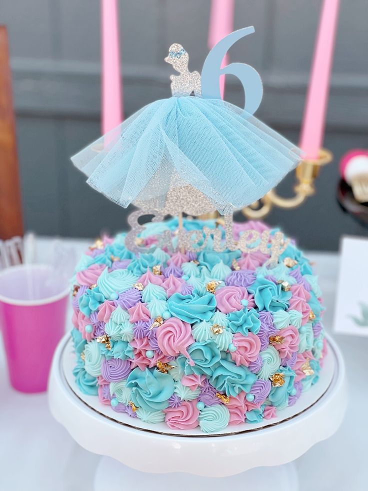 a birthday cake decorated with blue and pink frosting