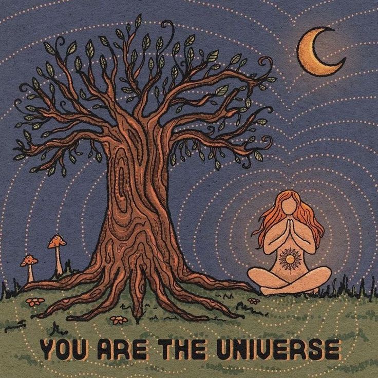 a woman sitting in front of a tree with the words you are the universe on it