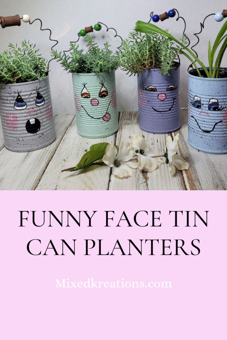 four tin can planters with plants in them and the words funny face tin can planters