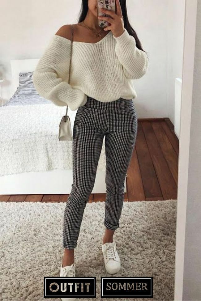 299570476c6f0309545110c592b6a63bdesc43756476ri Womens White Sweater, Checked Leggings, Best Casual Outfits, Teen Outfits, Blazer Outfit, Cute Winter Outfits, Casual Spring, Casual Winter Outfits, Inspired Outfits