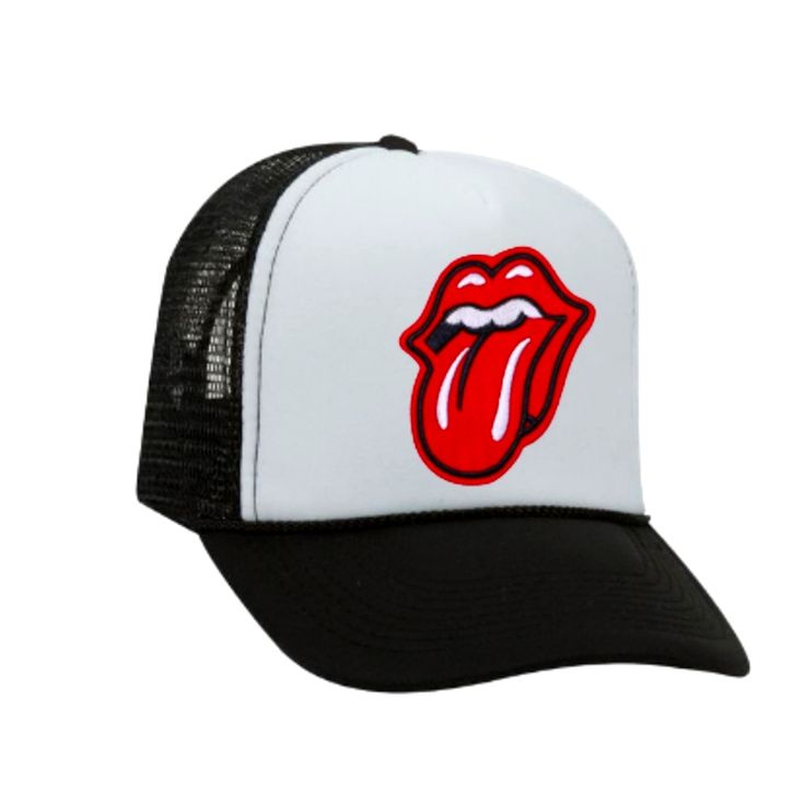 Red Lips Tongue Patch Trucker Hat Cap Rockstar Casual Black Mini Hat With Curved Brim, Trendy Black Flat Bill Trucker Hat, Black Hip Hop Trucker Hat With Short Brim, Retro Black Dad Hat With Curved Brim, Black Retro Snapback Trucker Hat, Retro Black Trucker Hat One Size Fits Most, Retro Black Trucker Hat, Black Casual Mini Hat With Flat Brim, Casual Black Mini Hats With Flat Brim