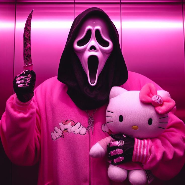 a hello kitty doll holding a knife and wearing a pink hoodie with a skull on it