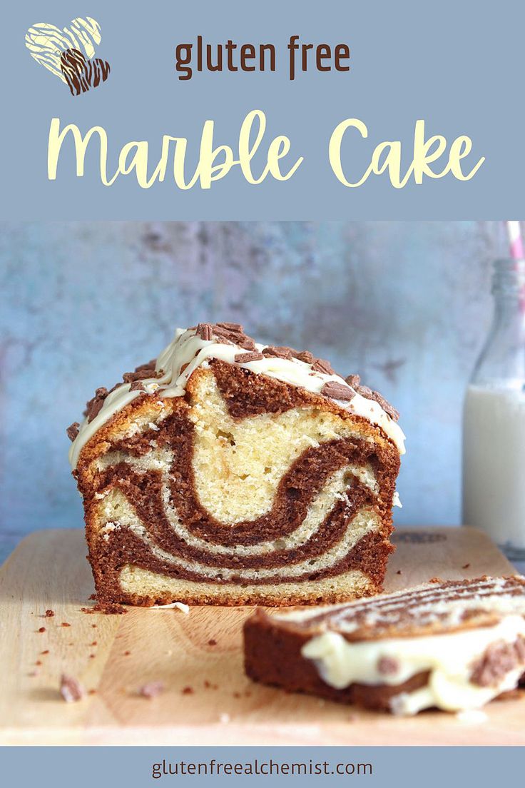 a close up of a piece of cake on a cutting board with the text gluten free marble cake