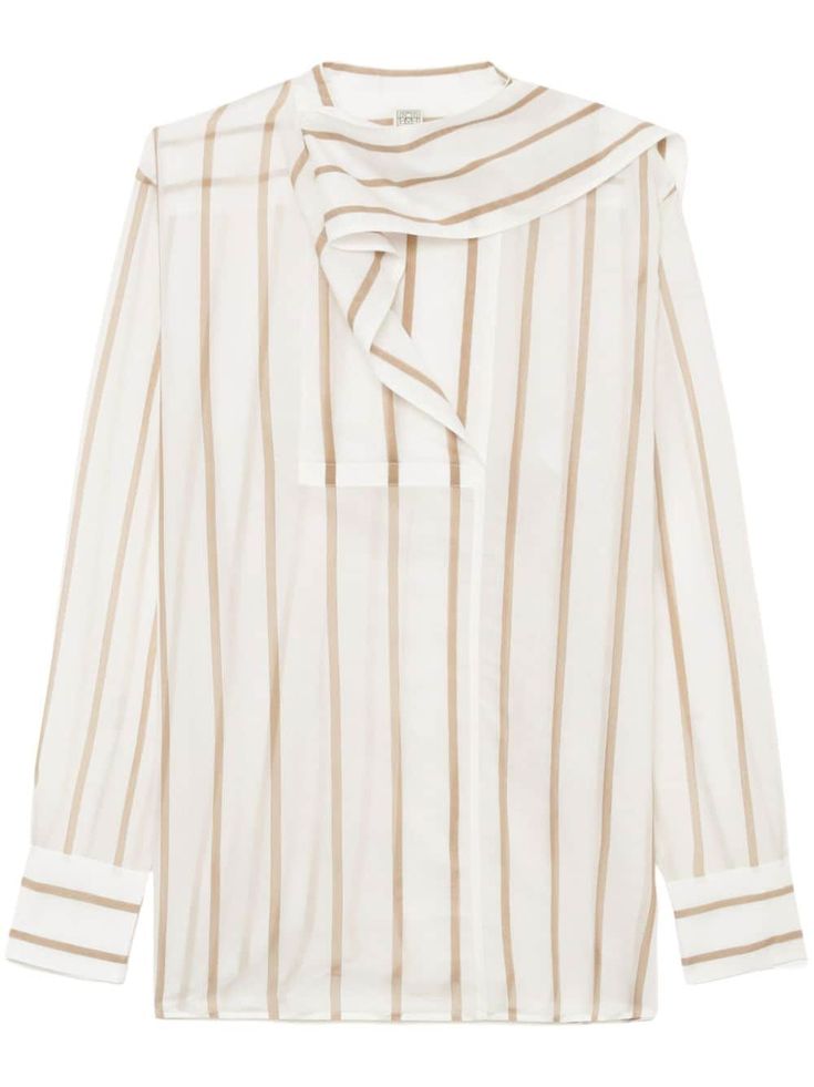 white cotton-silk blend vertical stripe pattern attached scarf round neck long sleeves straight hem Elegant White Blouse With Vertical Stripes, Elegant White Top With Striped Collar, White Vertical Striped Tops For Office, White Blouse With Striped Collar For Fall, Fall White Blouse With Striped Collar, Elegant Fall Blouse With Striped Collar, Elegant White Blouse With Striped Collar, Chic White Shirt With Vertical Stripes, Chic White Shirt With Striped Collar