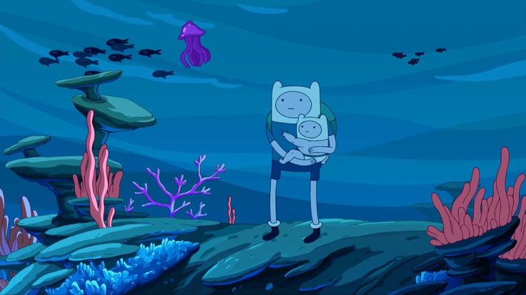 an animated image of a man holding a baby in his arms under the ocean floor