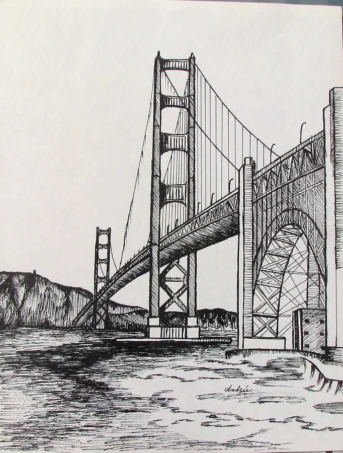 an ink drawing of the golden gate bridge